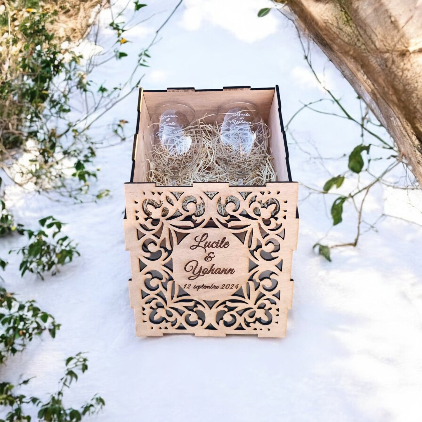 Coffret en bois et verres a vin à personnalisés - Empreinte Créative